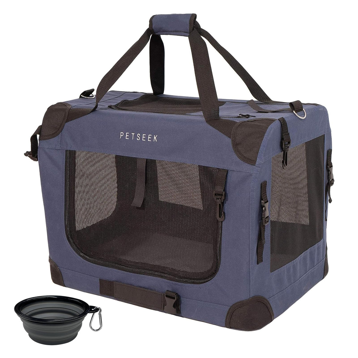 Petseek transportín para gatos extra grande azul vista frontal, cómodo para viajes en coche