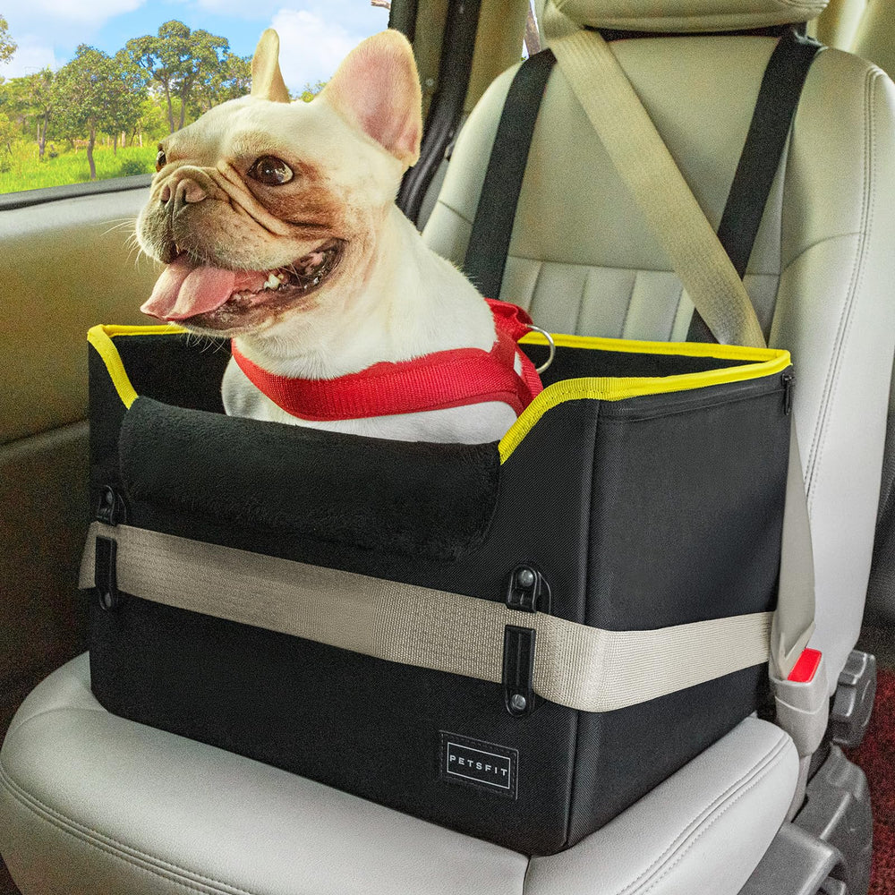 petsfit-asiento-coche-perro-pequeno ofrece seguridad durante viajes en auto.