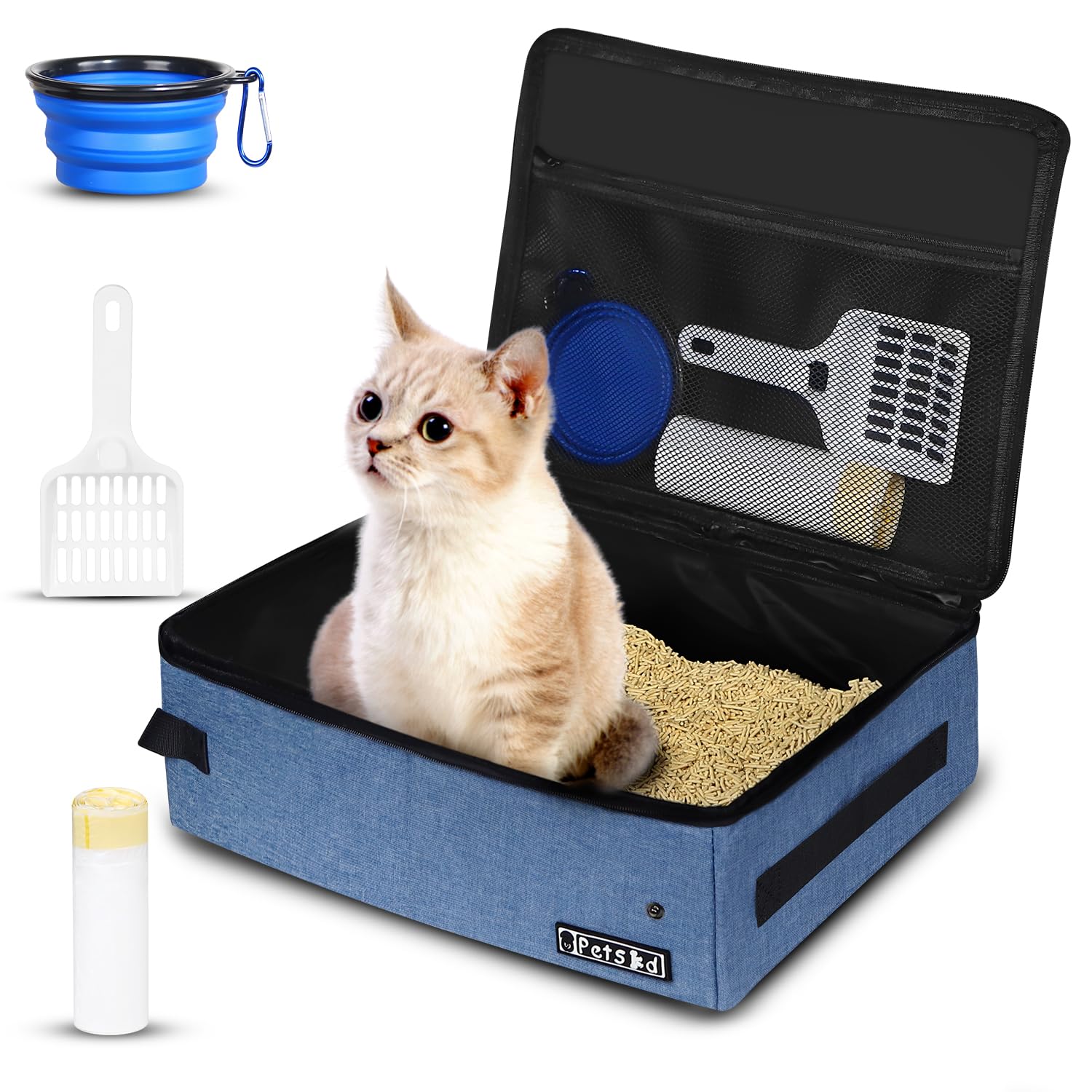 Petskd caja de arena portátil con tapa azul, ideal para viajar con tu gato.