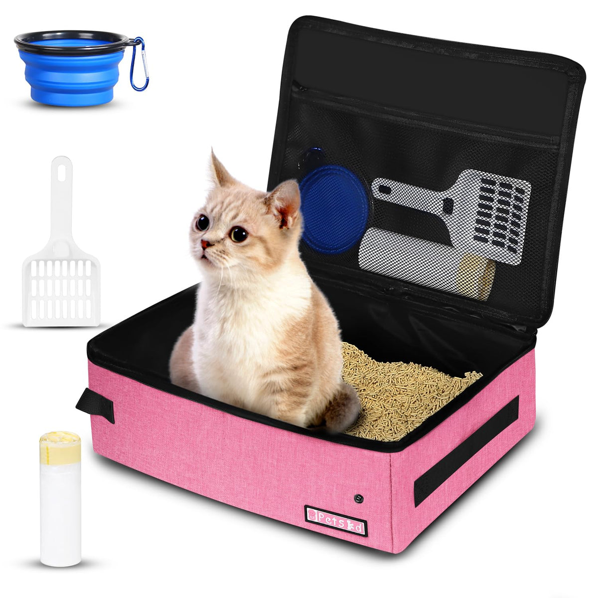 Petskd caja de arena portátil para gatos con tapa rosa, ideal para viajes sin olores.