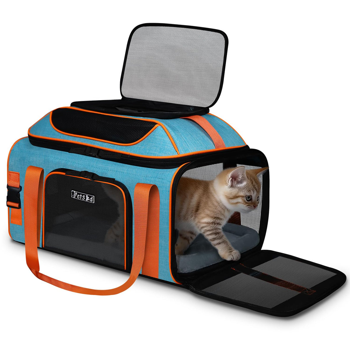 Petskd transportadora para mascotas en vista frontal azul, ideal para viajes en avión