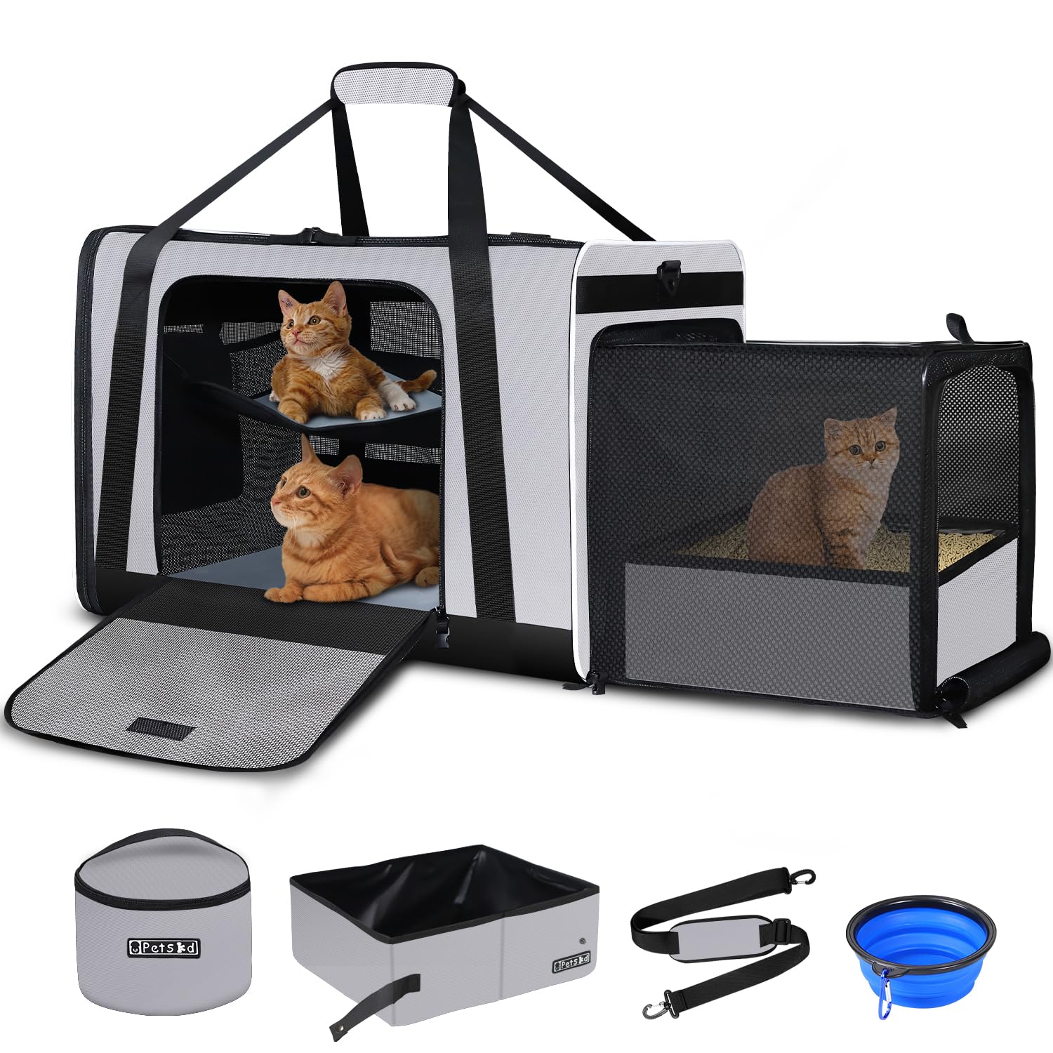 Petskd transportín expandible para gatos gris, ideal para viajes y comodidad.