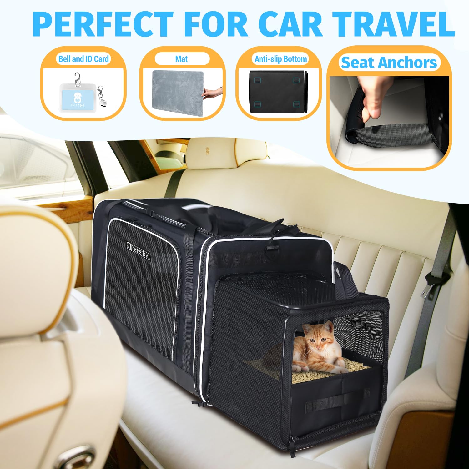 Petskd transportín para coche con anclas de asiento estables