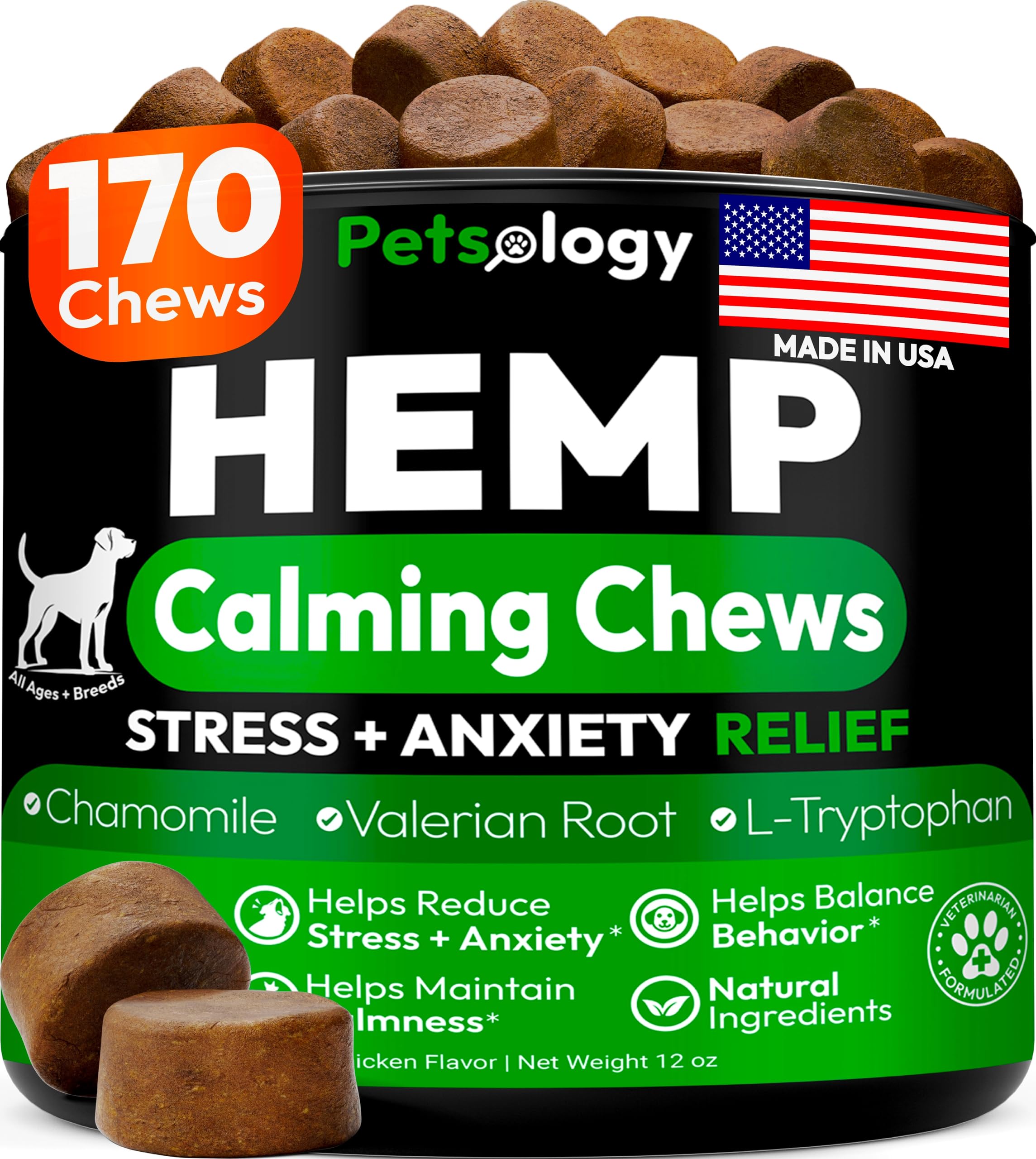 Petsology gominolas relajantes para perro en frasco, apoyo suave para la ansiedad diaria.