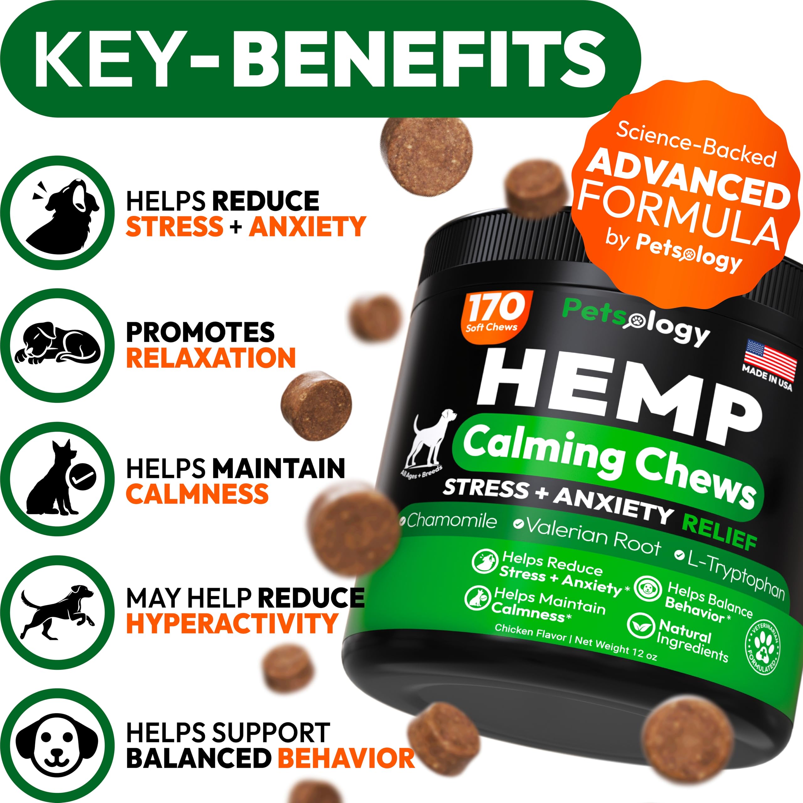 Petsology chews relajantes para perro con melatonina, ayuda para dormir mejor sin somnolencia.