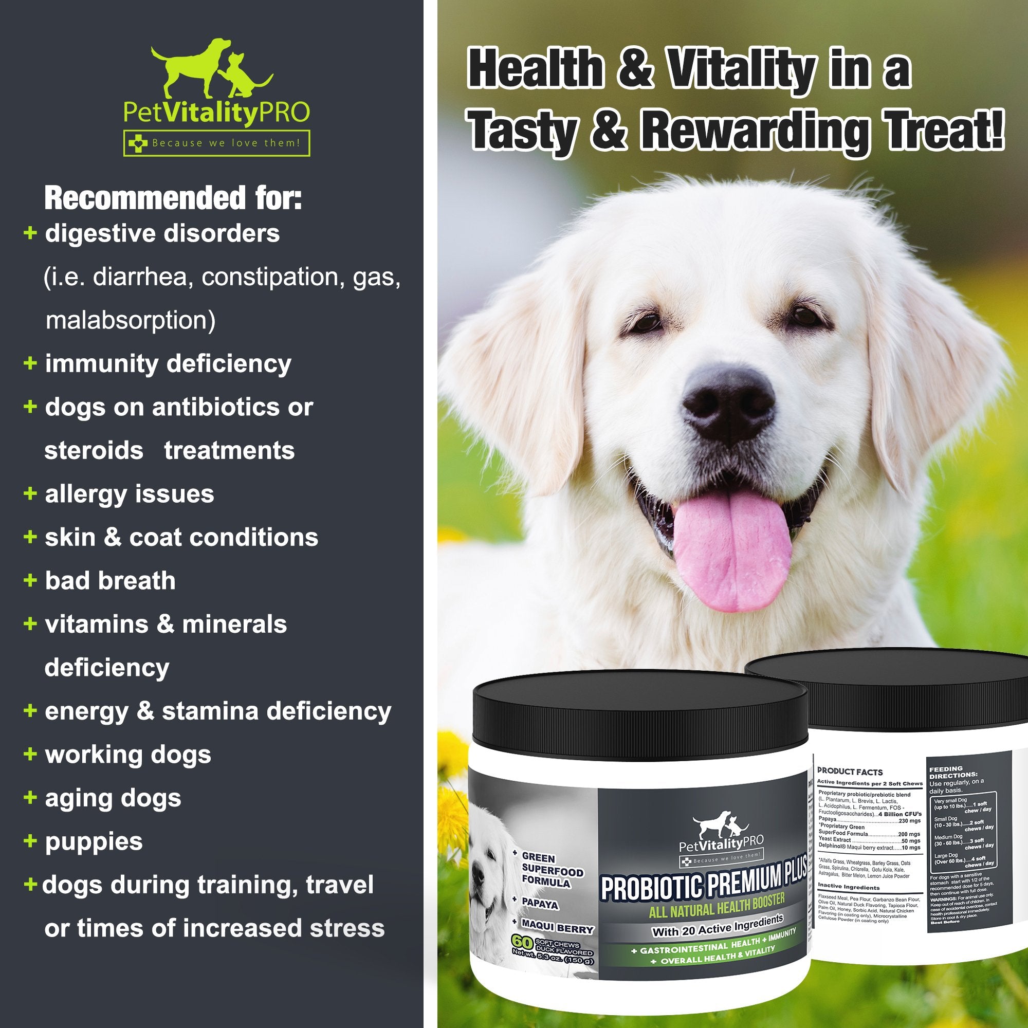 PetVitalityPRO Probióticos para perros, masticables blandos, favorecen una digestión suave.