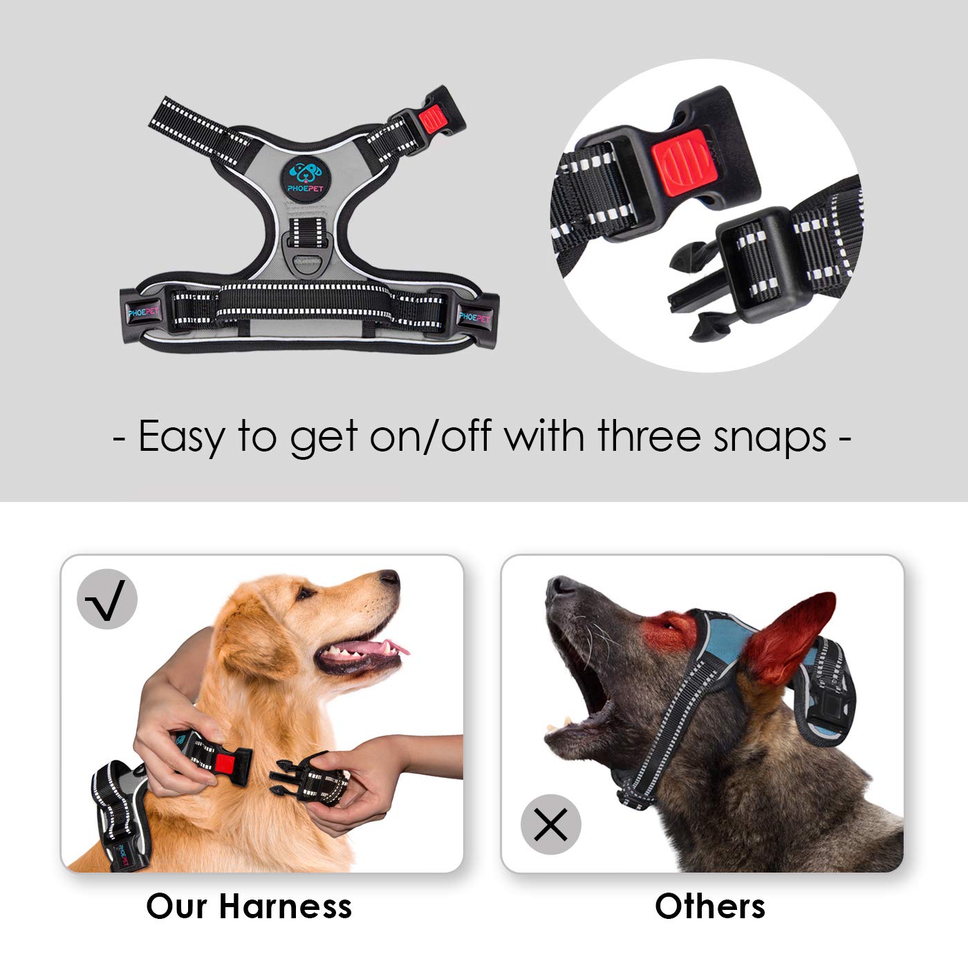 PHOEPET arnés con tres hebillas para ajuste seguro y cómodo