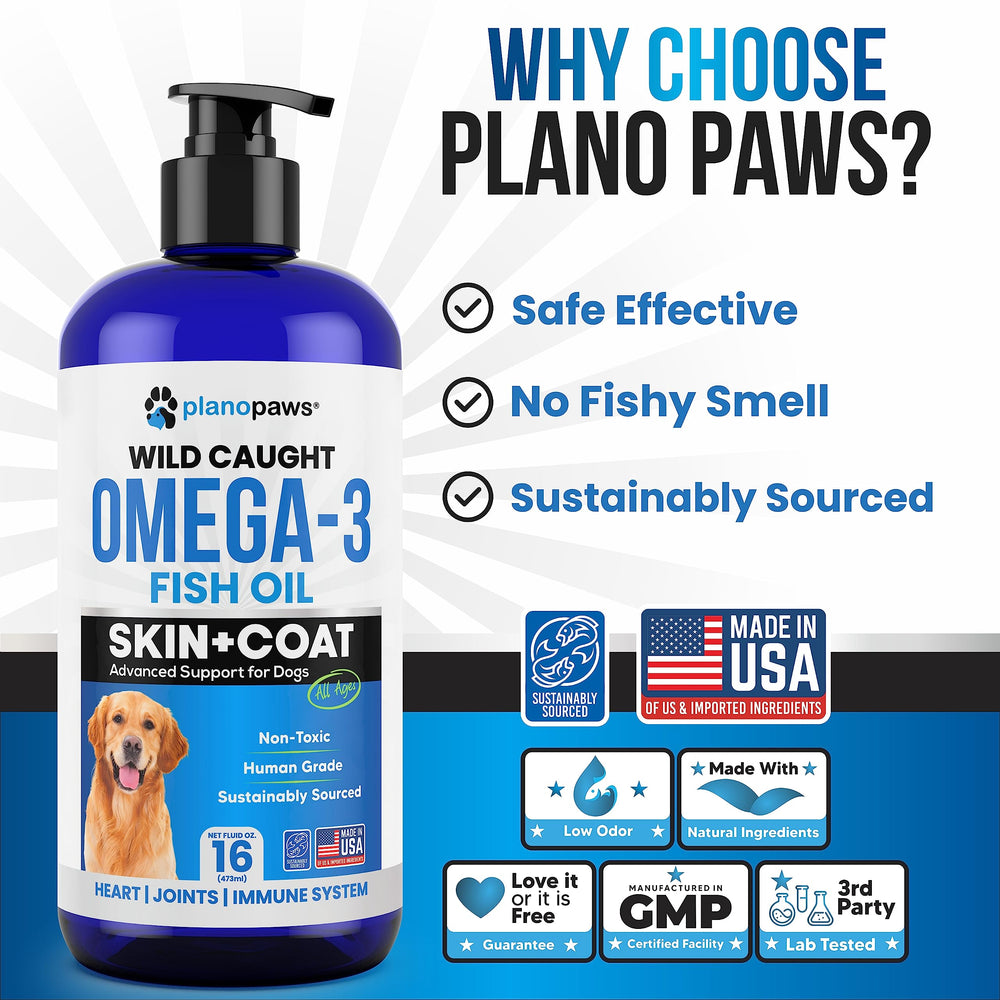 Planopaws Omega 3 para perros: perro comiendo mientras se apoya la piel y pelaje.