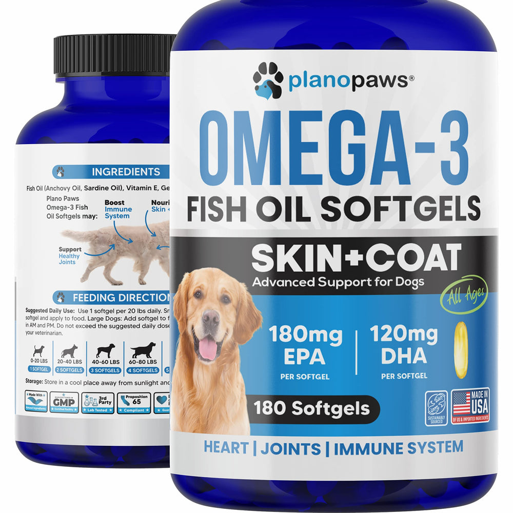 Planopaws aceite de pescado para perros en bote mejora el pelaje y la piel.