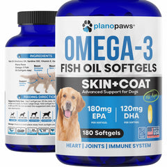 Planopaws aceite de pescado para perros en bote mejora el pelaje y la piel.