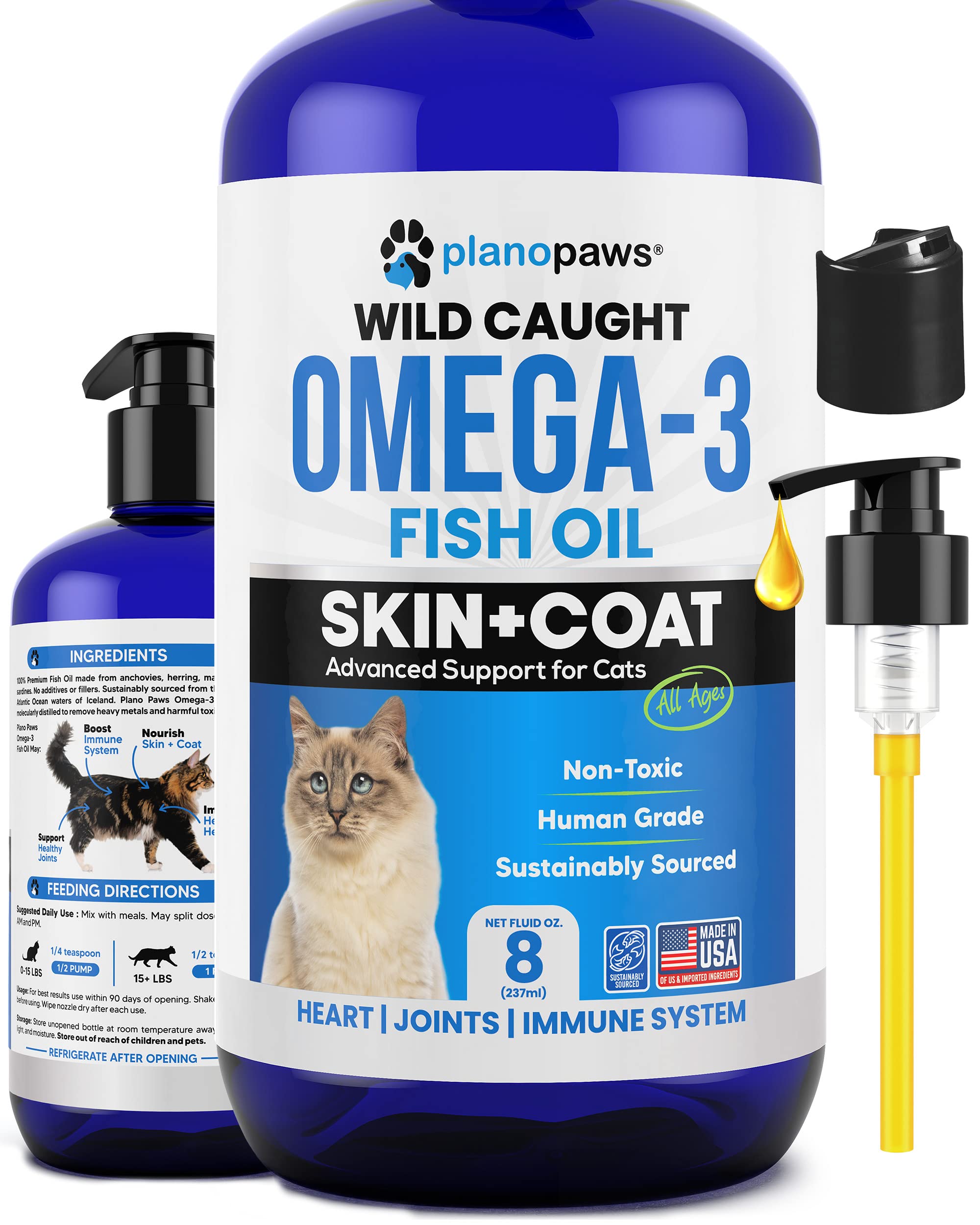 Planopaws Omega-3 para gatos: frasco de aceite de pescado, mejora de la piel.