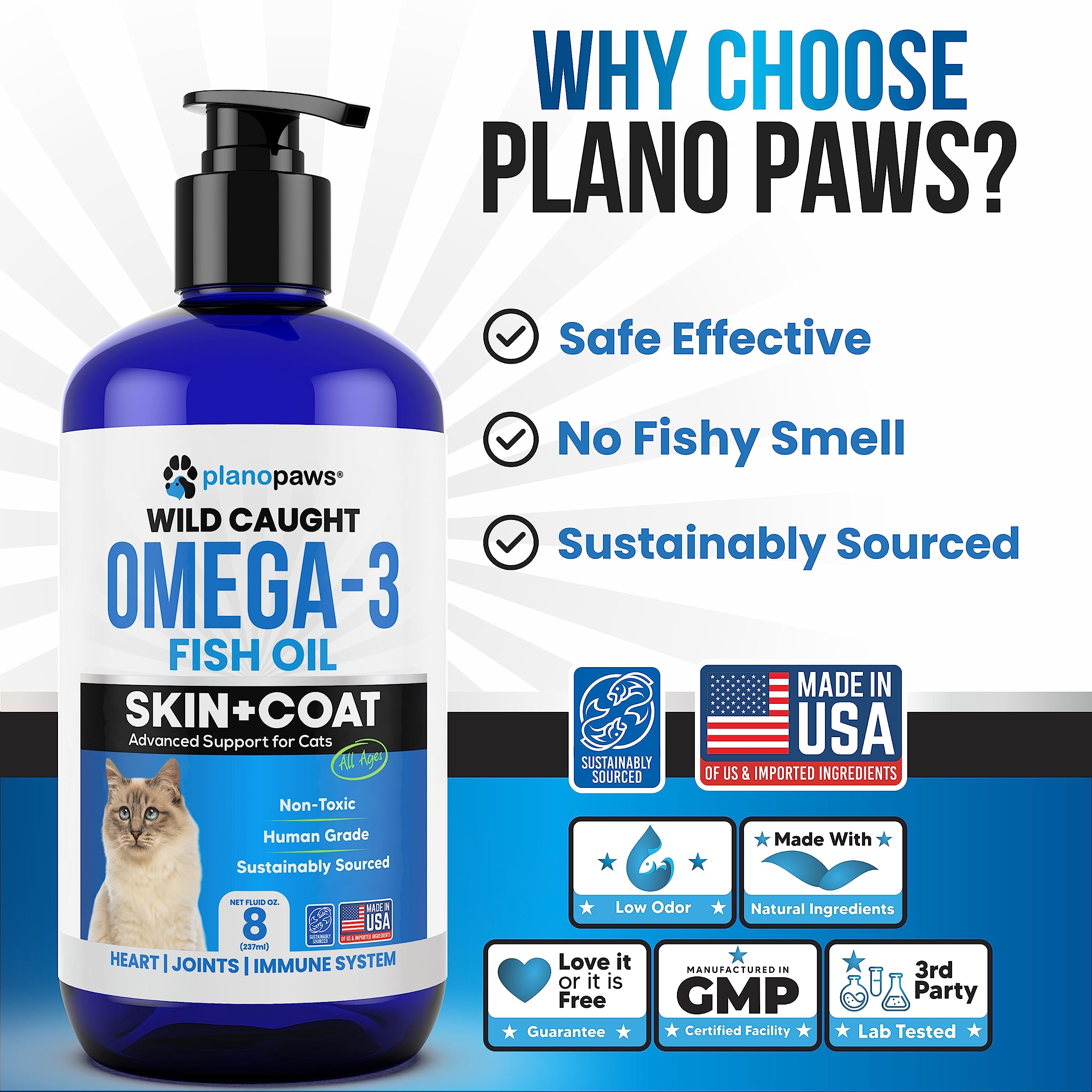 Planopaws Omega-3 para gatos: ingredientes de pescado marino para DHA y EPA.