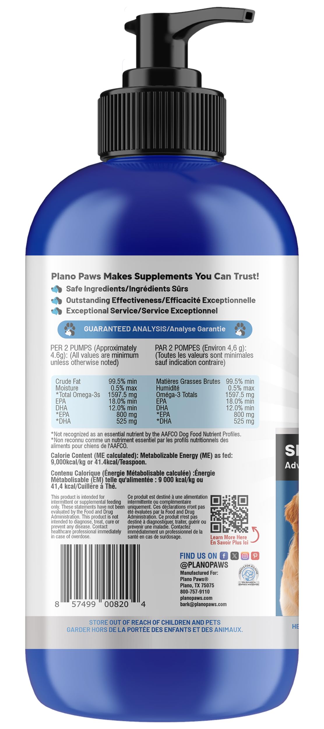 Planopaws Omega-3 para perros: botella transparente muestra el aceite.
