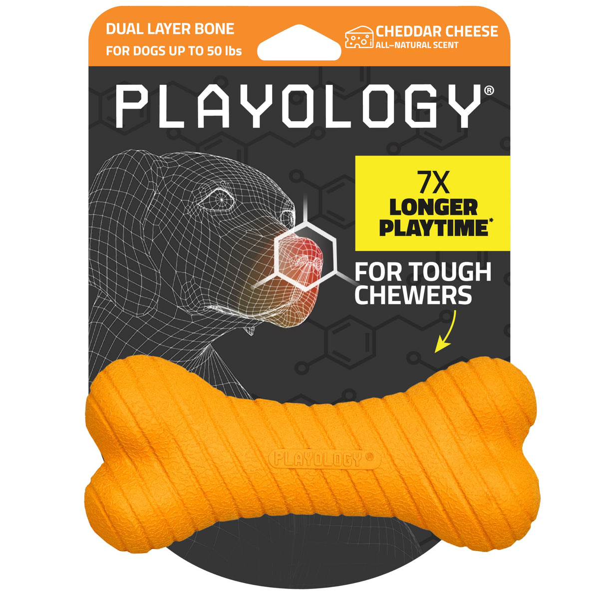 Playology Hueso Doble Capa con aroma cheddar, ideal para entretener perros medianos.
