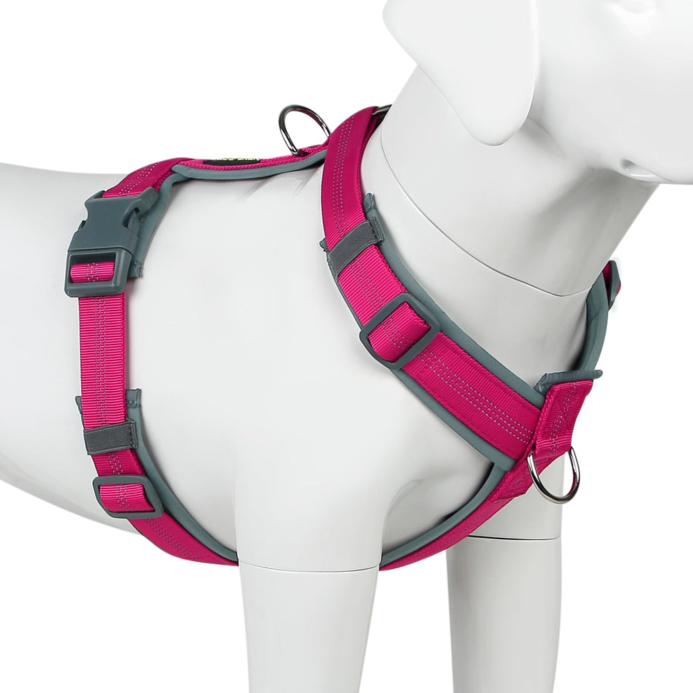PLUTUS PET arnés anti-tirones rosa intenso para paseos seguros.