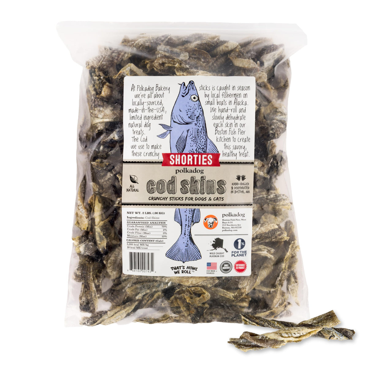 Polkadog Pieles de Bacalao para Perros, empaque de 2 lb, snack proteico.