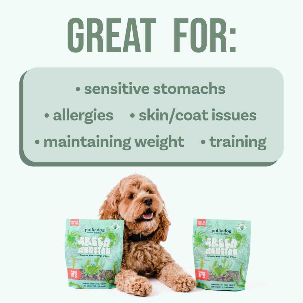 Ingredientes limitados de Polkadog con cangrejo verde; aptas para estómagos sensibles.