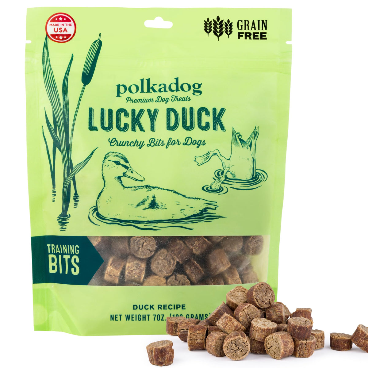 Polkadog Lucky Duck Training Bits, bocaditos-entrenamiento, recompensa rápida y sabrosa en sesiones de adiestramiento.