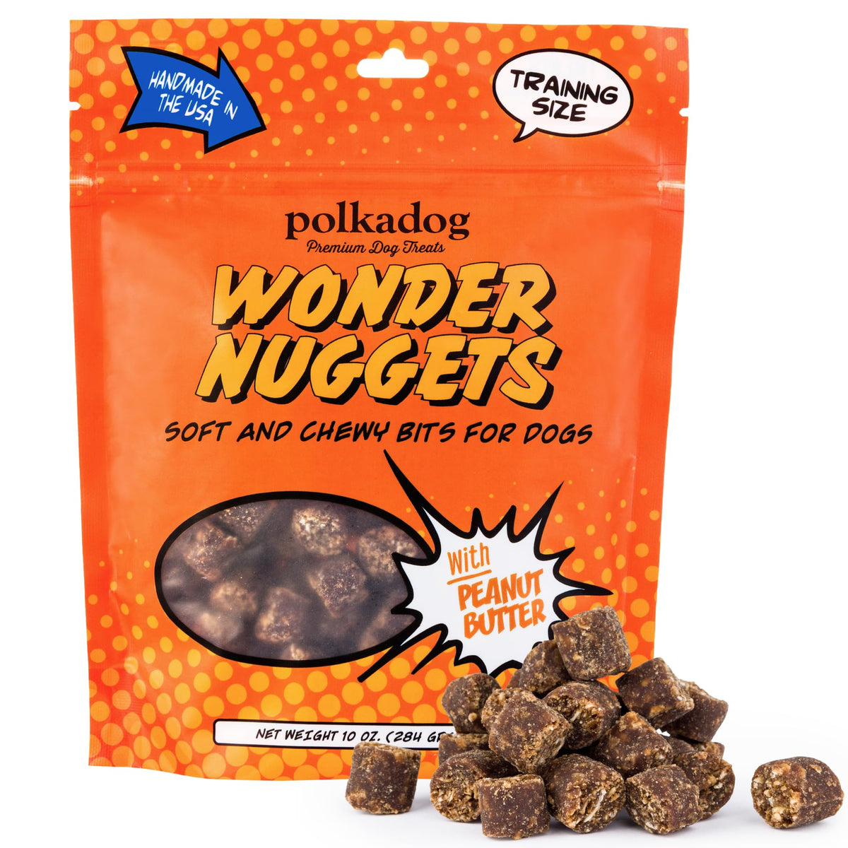 Polkadog Wonder Nuggets en envase de 10 oz para almacenamiento fácil.
