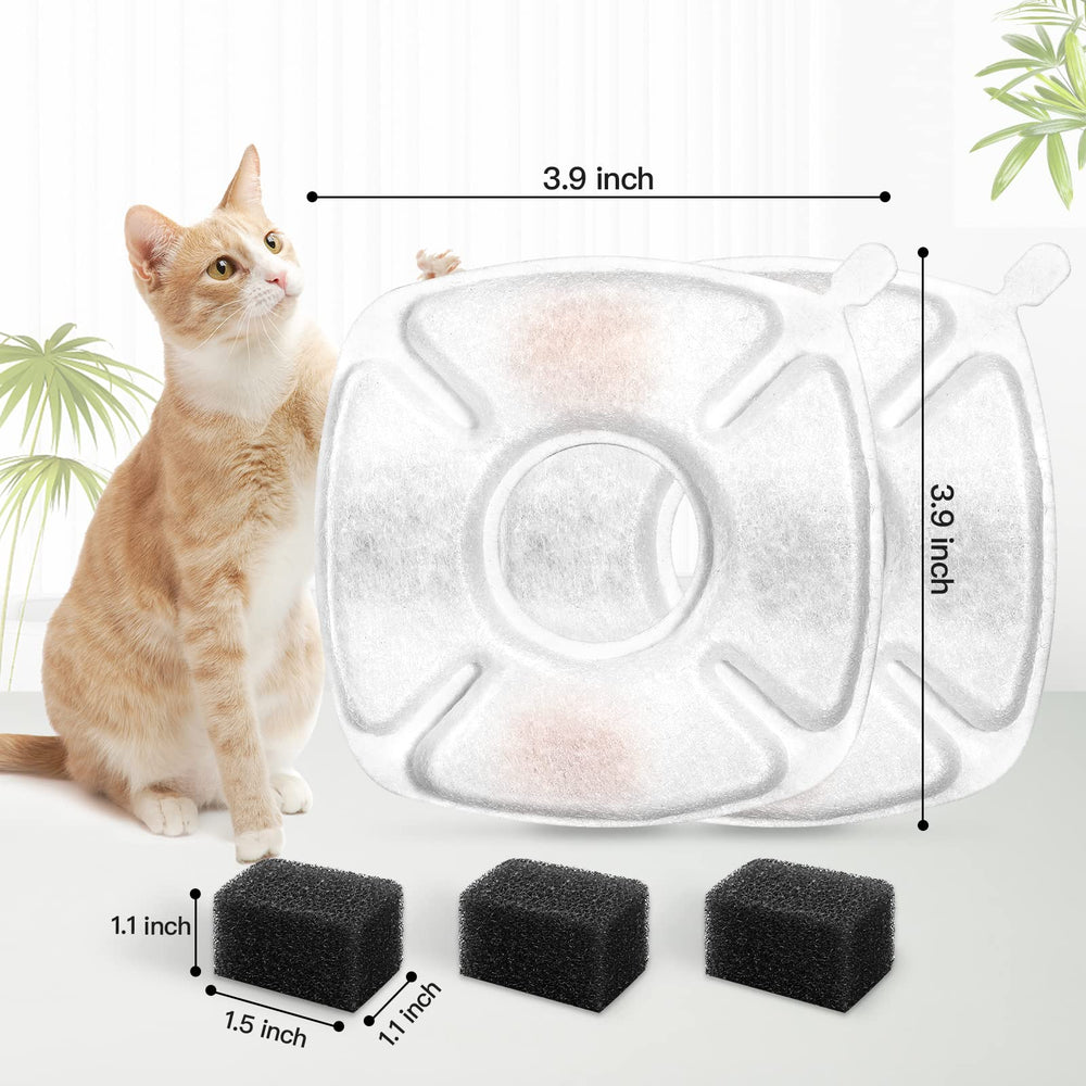 Medidas de filtro Porens para bebederos de gatos, tamaño compacto y fácil manejo.