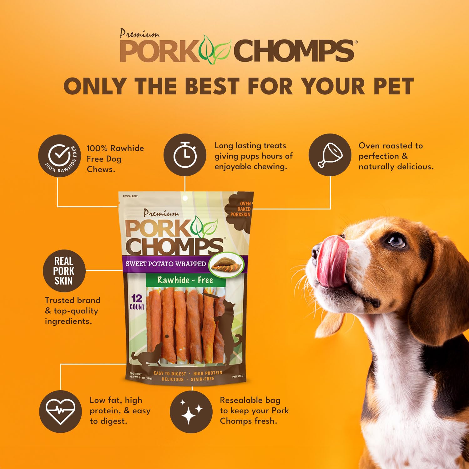 Pork Chomps bolsa con cierre reutilizable para mantener la frescura.