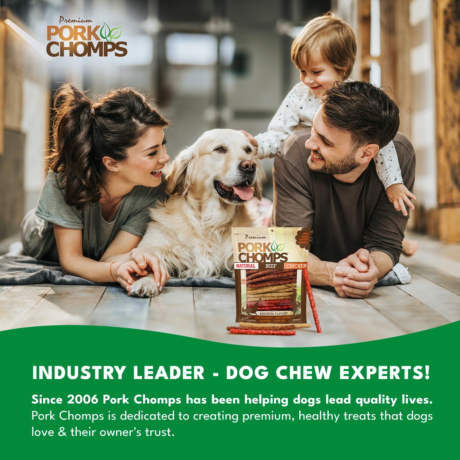 Pork Chomps apto para perros de todos los tamaños con masticación agradable.