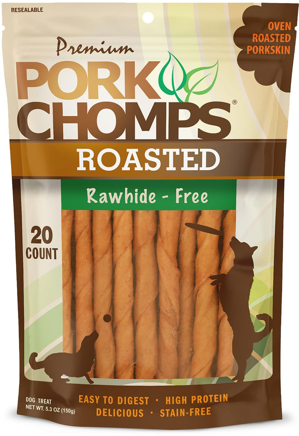 Pork Chomps: piel de cerdo asada, mini torcidos de 5 pulgadas para masticación prolongada.
