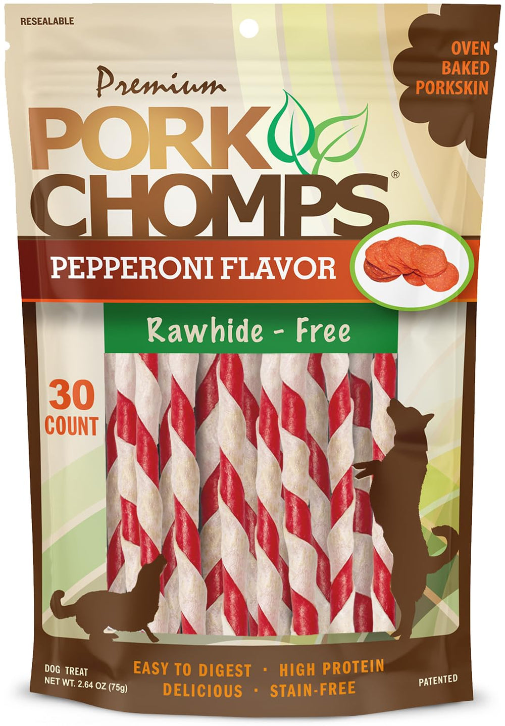 Pork Chomps, piel de cerdo horneada, twists de 5 pulgadas con pepperoni para masticación duradera