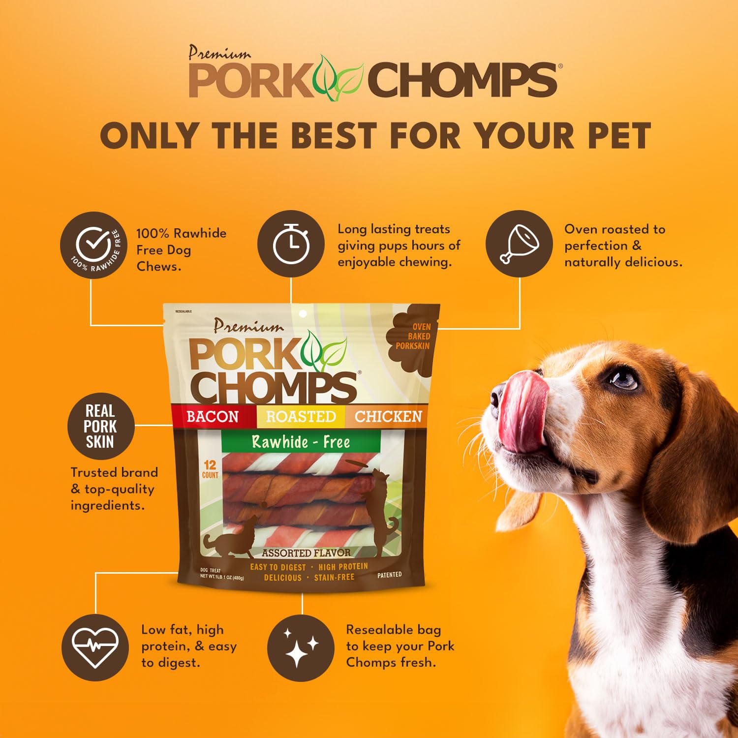 Pork Chomps piel de cerdo, ingrediente principal proteico.