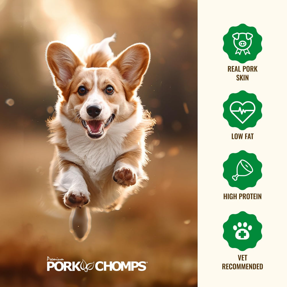 Pork Chomps apto para perros de todos los tamaños, tamaño recomendado cercano a la boca