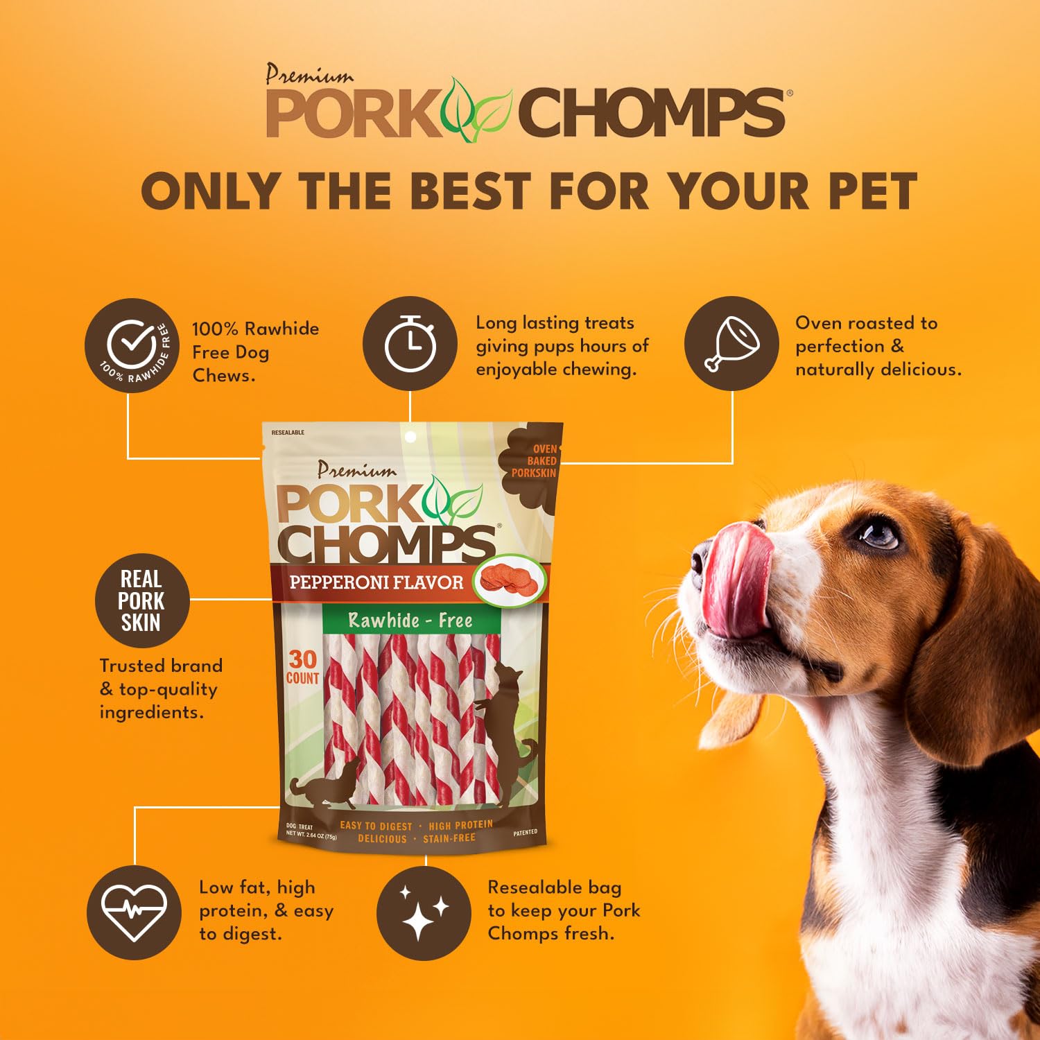 Textura firme de Pork Chomps fomenta masticación prolongada