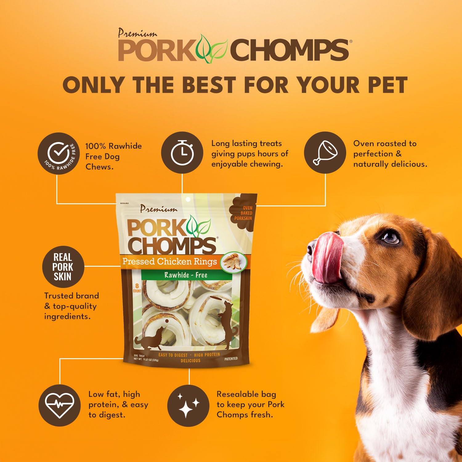 Pork Chomps: textura resistente que favorece la masticación sostenida.