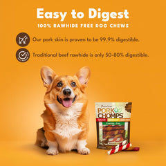 Pork Chomps torcidos de cerdo asado de 6 pulgadas, sabor natural para perros activos.