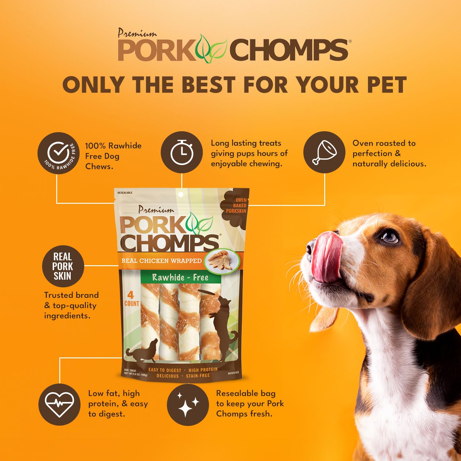 Pork Chomps: envase con cierre hermético para frescura entre premios