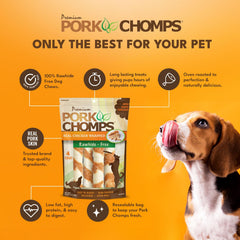 Pork Chomps: envase con cierre hermético para frescura entre premios