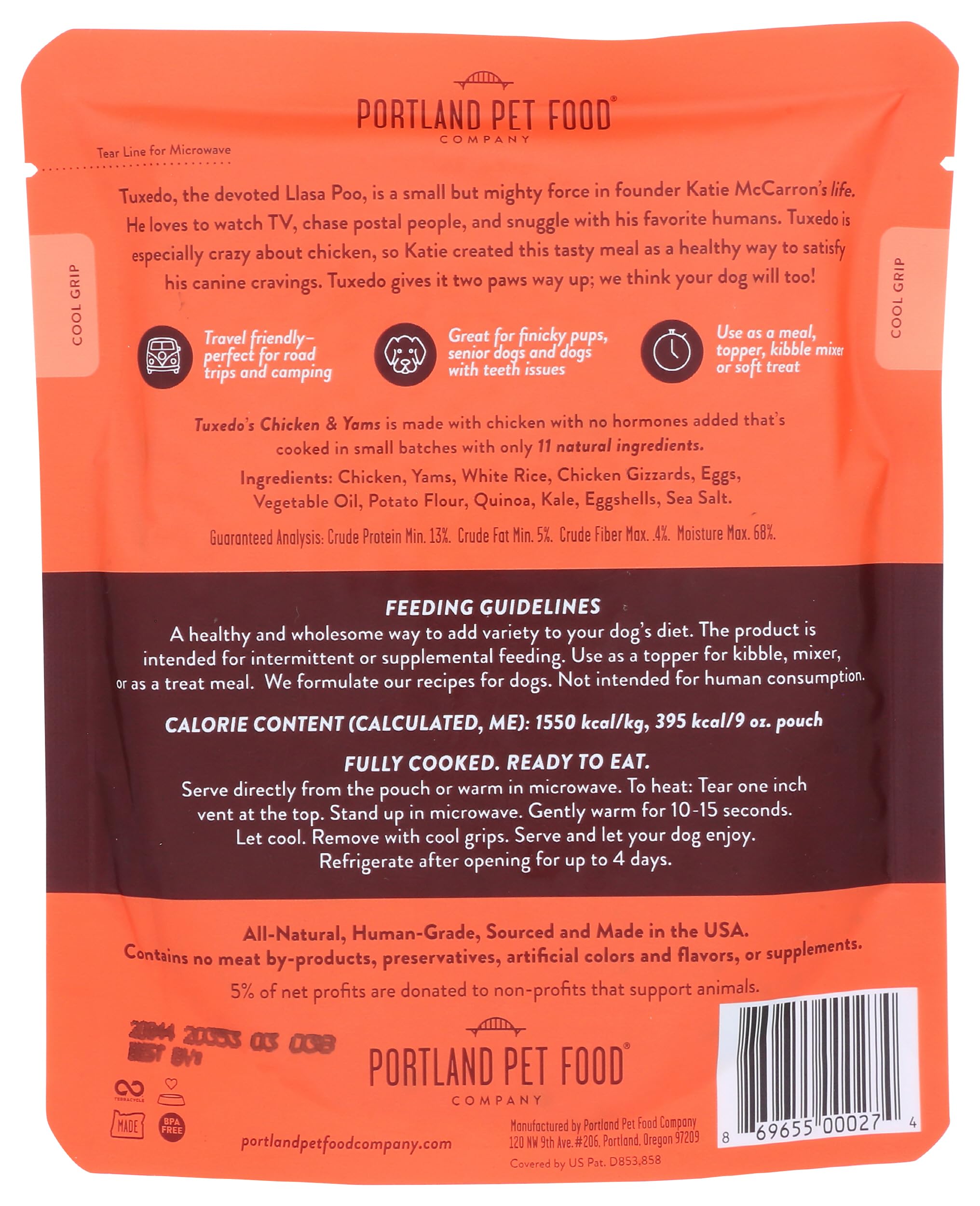 Portland Pet Food Company Tuxedo's Chicken & Yams, porciones listas, práctica para comer en casa
