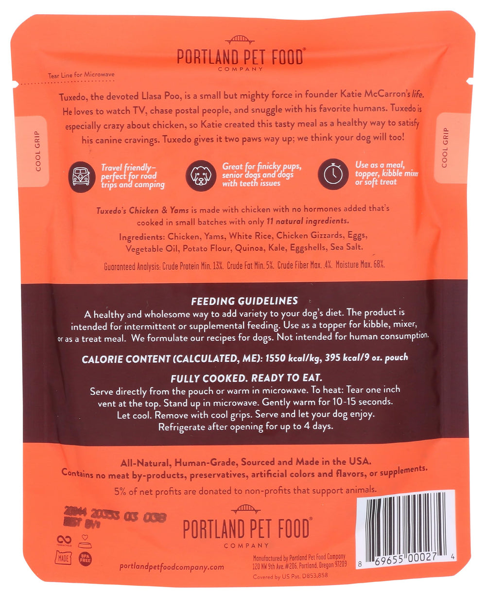 Portland Pet Food Company Tuxedo's Chicken & Yams, porciones listas, práctica para comer en casa