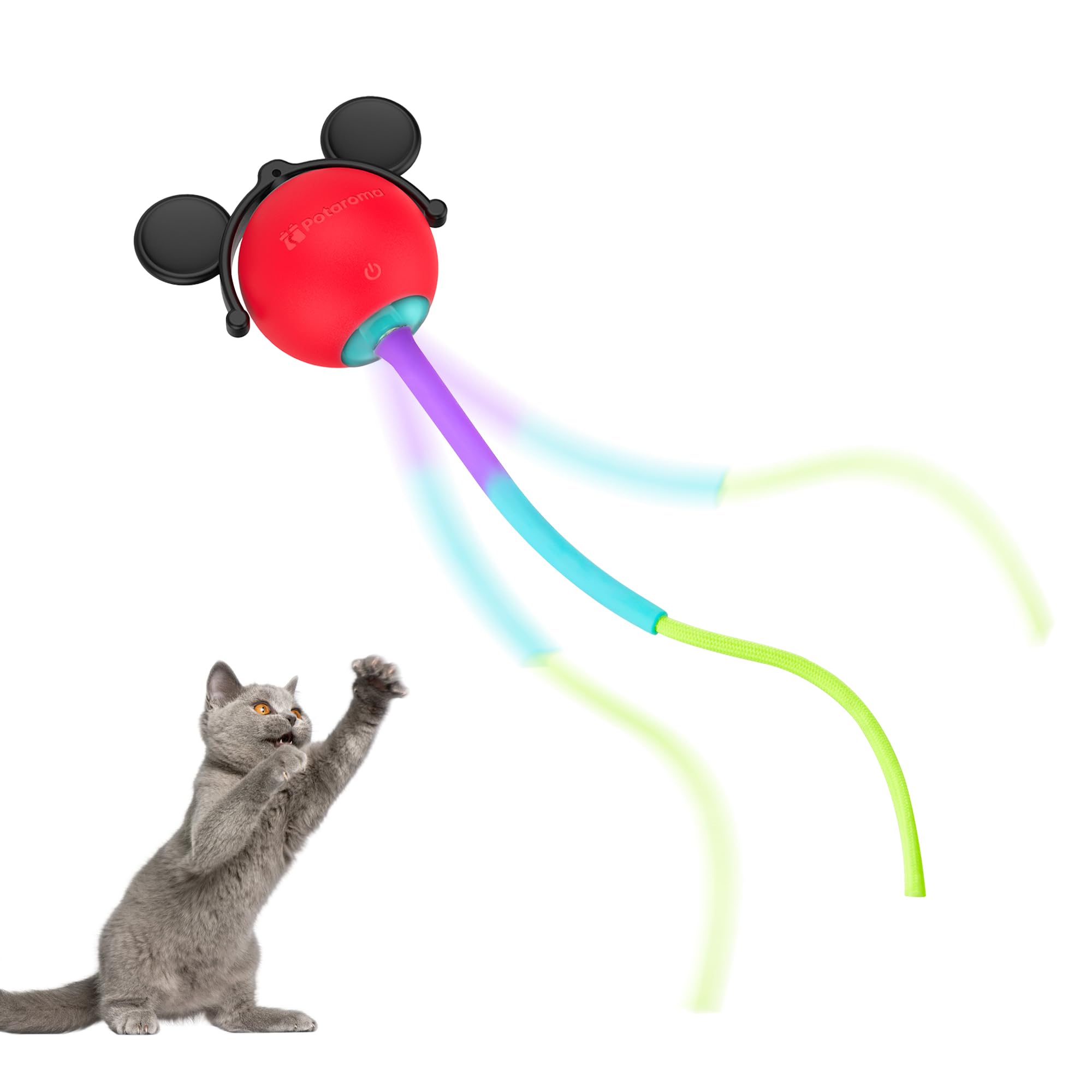 Potaroma bola interactiva para gatos con cola peluda en acción para entretenimiento.