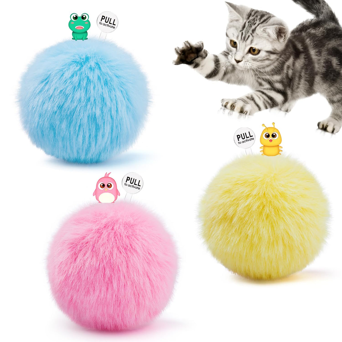 Potaroma bolas de juguete para gato chirriando en primer plano, ideal para juego interactivo diario.