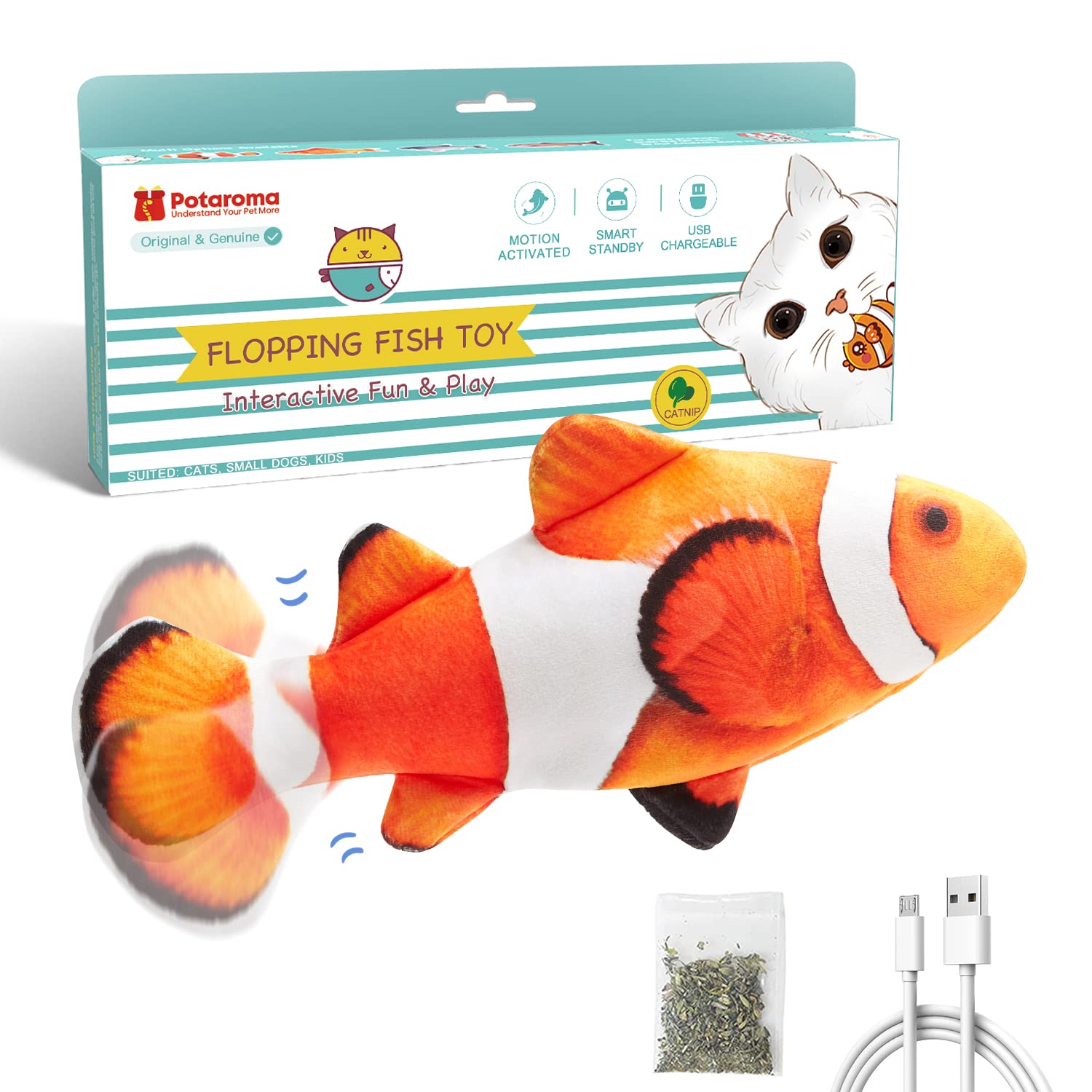 Potaroma pez kicker interactivo con silvervine para juego activo de tu gato.