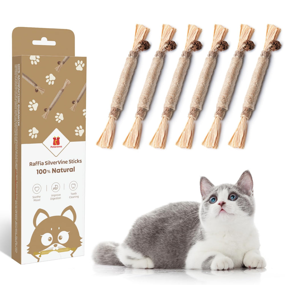 Potaroma: palitos de silvervine naturales para gatos, fomentan juego y exploración segura.