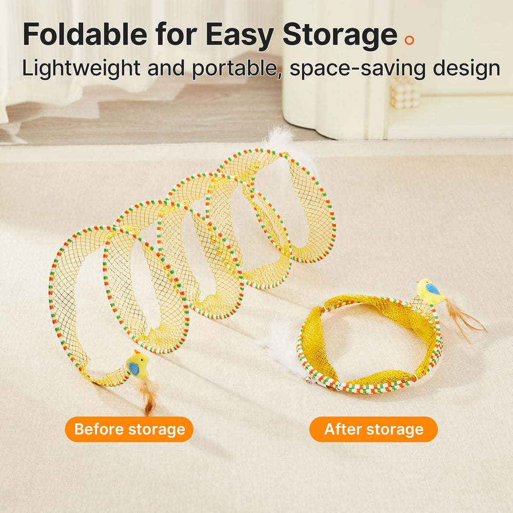Potaroma tunel espiral duradero con malla resistente para gatos activos.