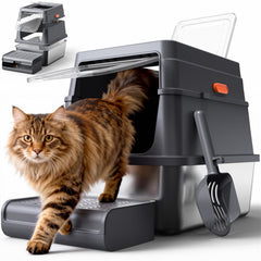 Powools caja de arena para gatos en acero inoxidable, interior espacioso para movimientos cómodos.