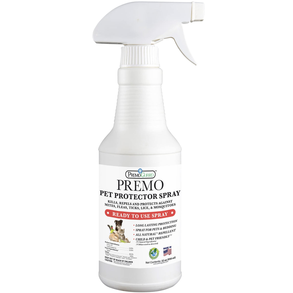 Premo Guard, protector para mascotas en aerosol, botella de 16 oz, protege pulgas y garrapatas.