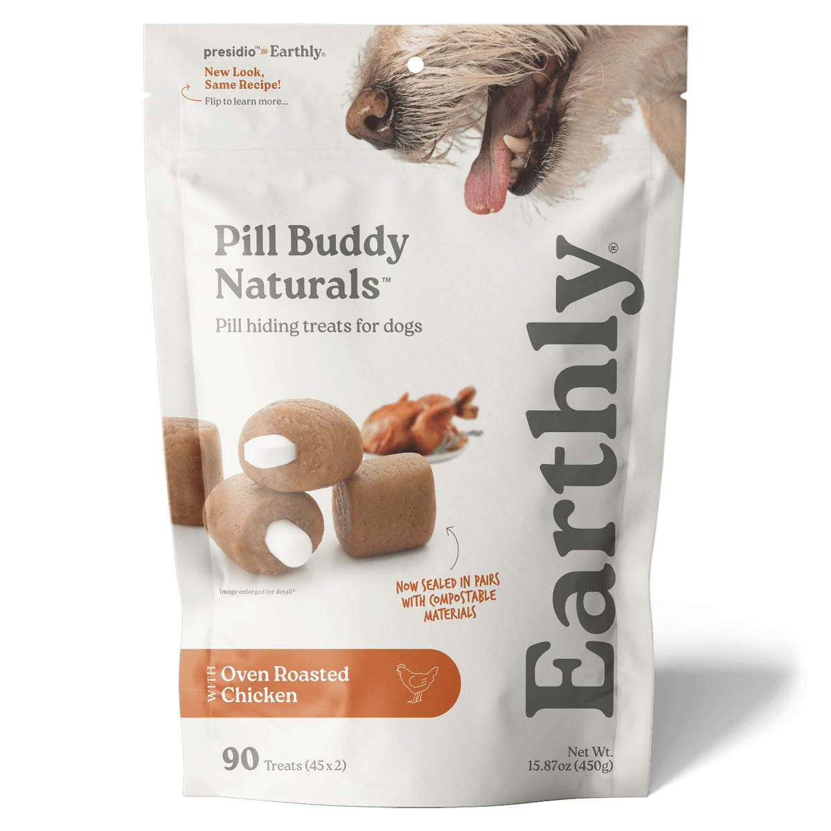 Presidio Earthly Pill Buddy Naturals: empaque nuevo para perros, fresco y fiable.