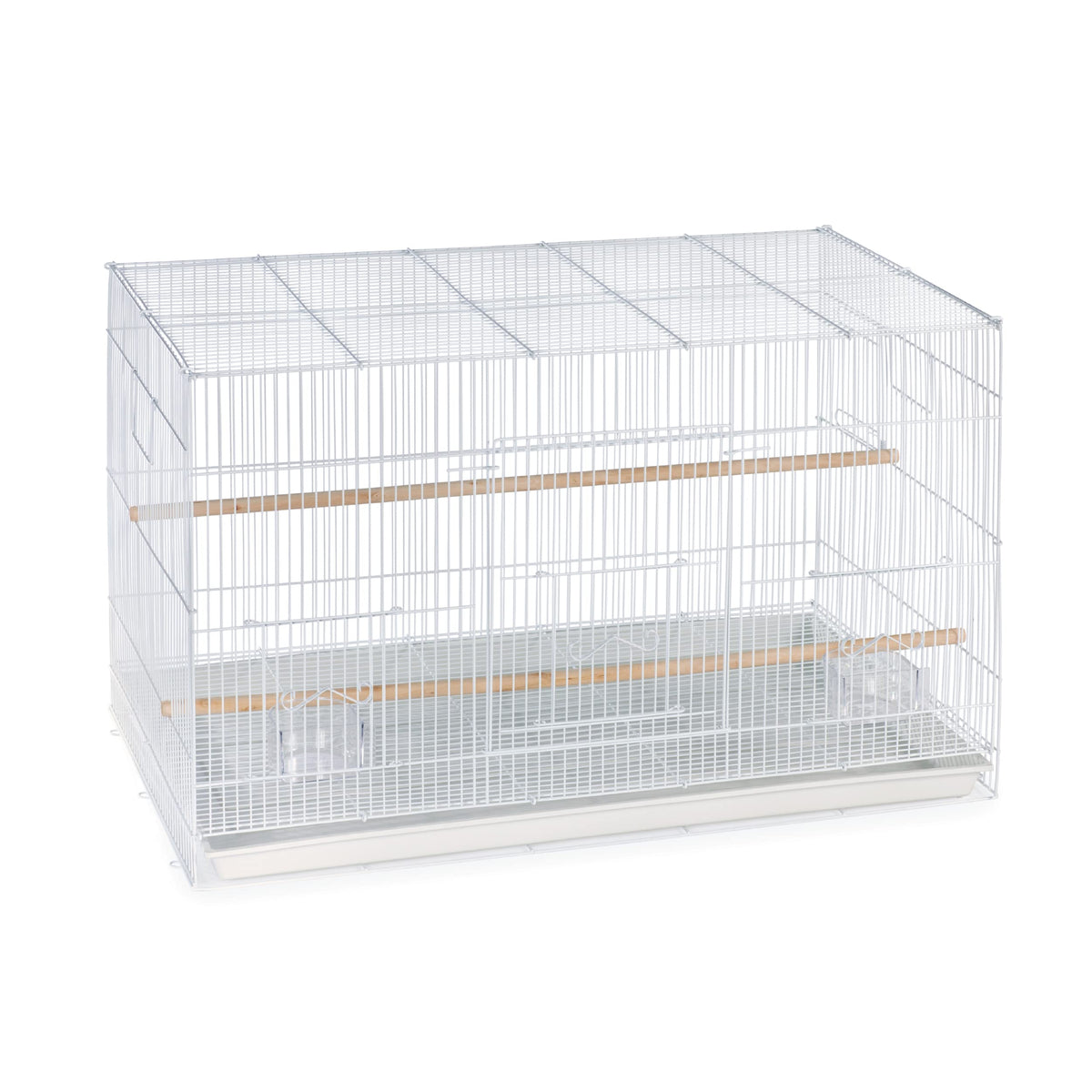 Jaula voladora Prevue blanca, vista frontal, ideal para ejercicio diario de aves pequeñas.