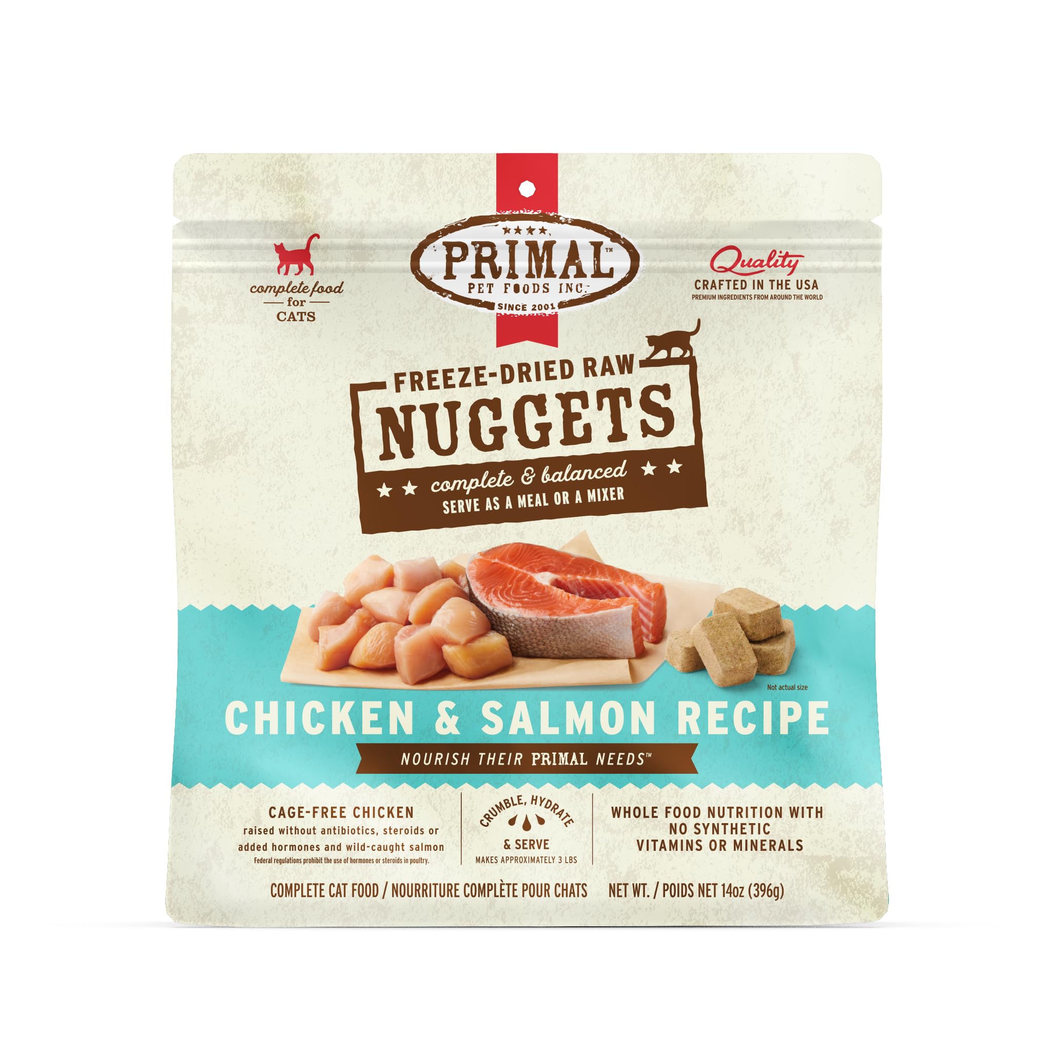 Primal bocaditos crudos para gatos, enfoque pollo y salmón, sabor y proteína altas