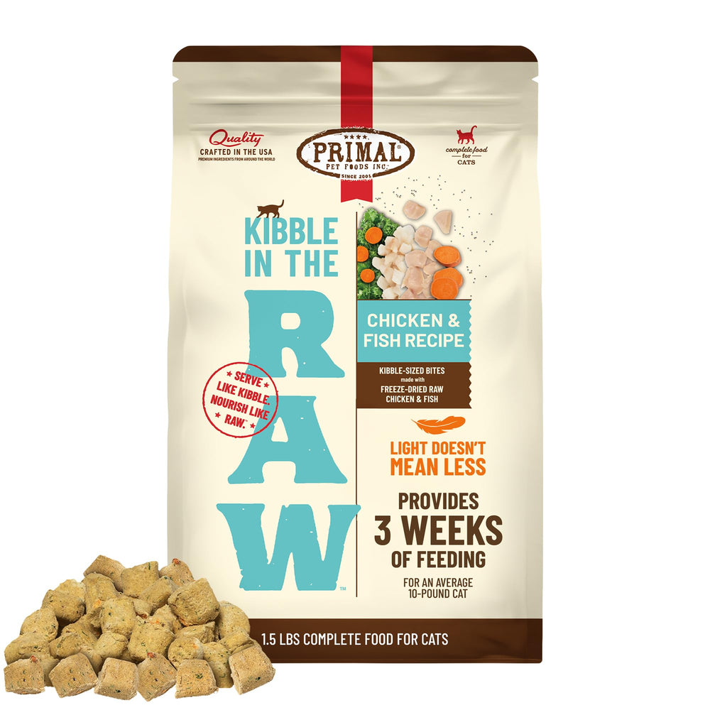 Primal croquetas crudas liofilizadas en bolsa para gatos, nutrición conveniente.