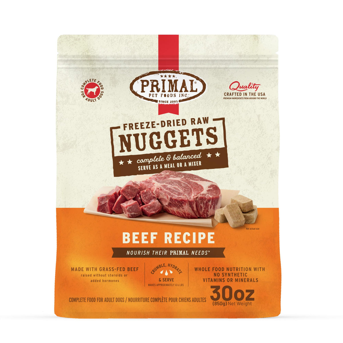 Primal cuñas ternera liofilizadas en bolsa, ideal como comida completa para perros activos.