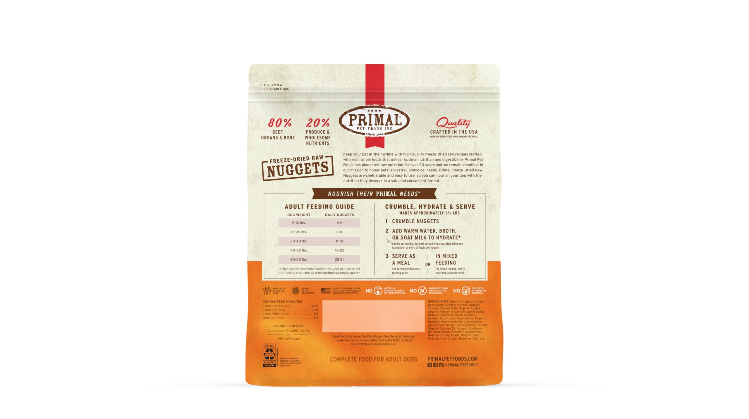 Cuñas Primal ternera, elaboración sin cereales ni aditivos, sabor natural para perros felices.